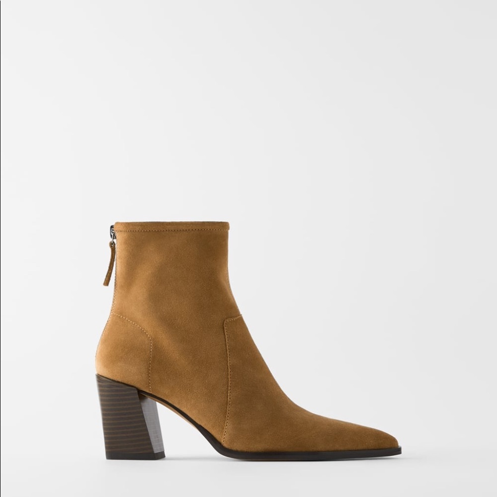 ZARA Soft Split Genuine Leather Heeled Ankle Boots - Picture 4 of 10